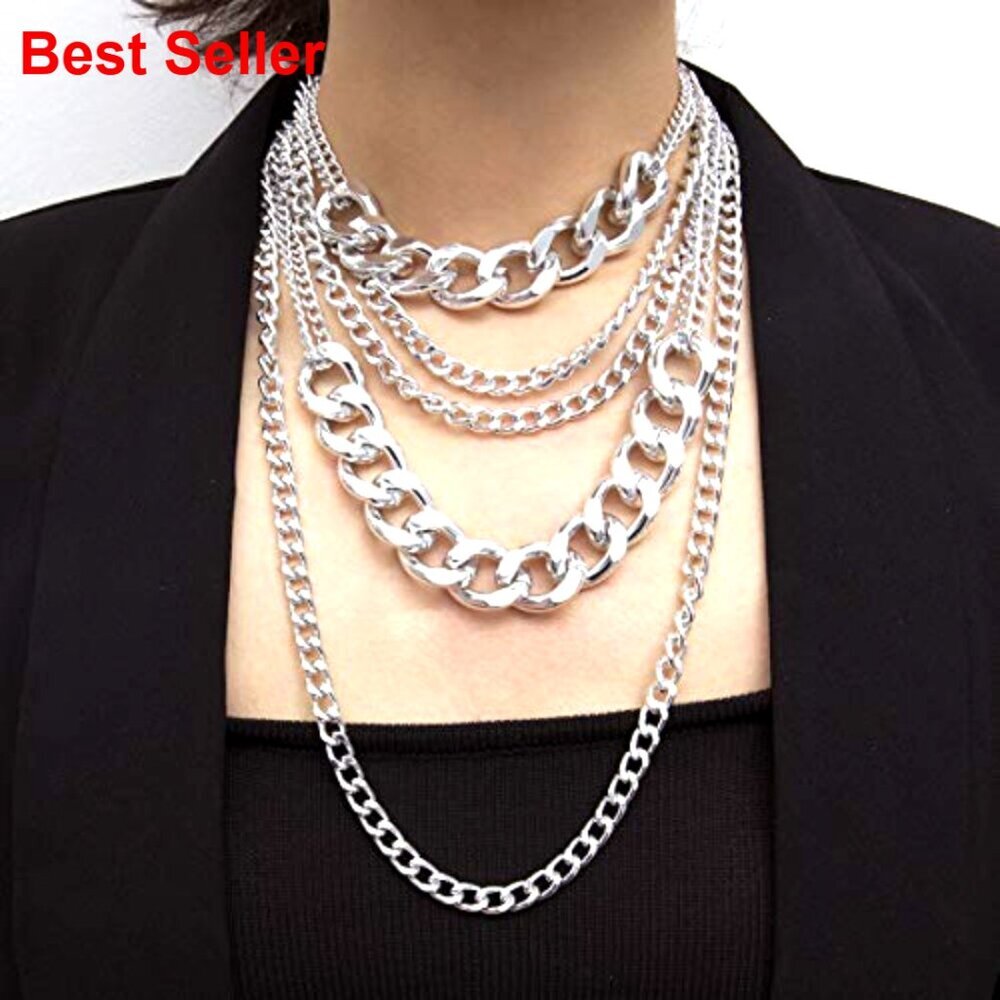Chunky Silver Layered Chain Necklace, Link Design, Punk 80s Hip Hop Statement - Picture 2 of 6